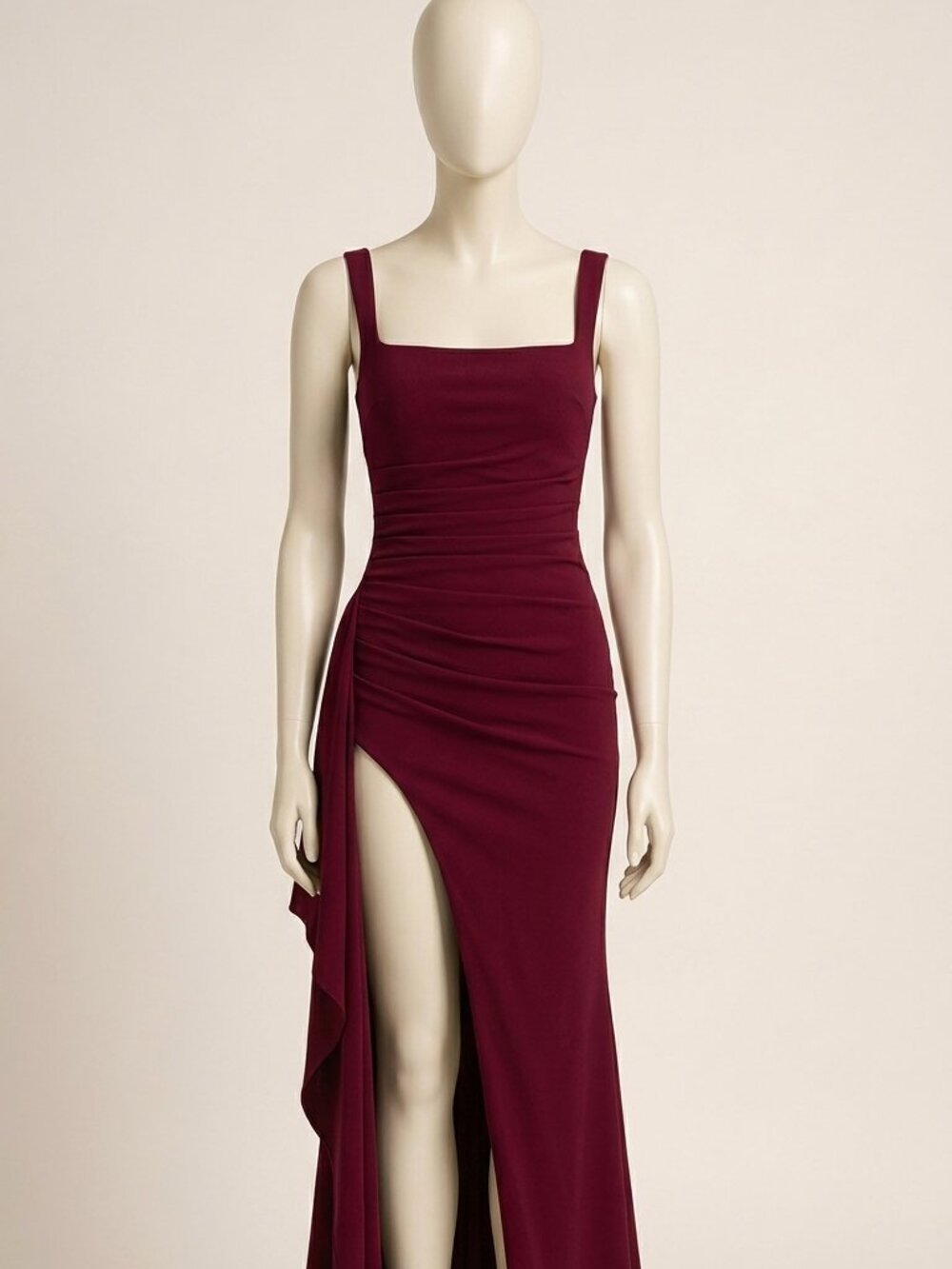 Hawthaw Women Burgundy Pleated Ruched Backless High Slit Bodycon Dress S